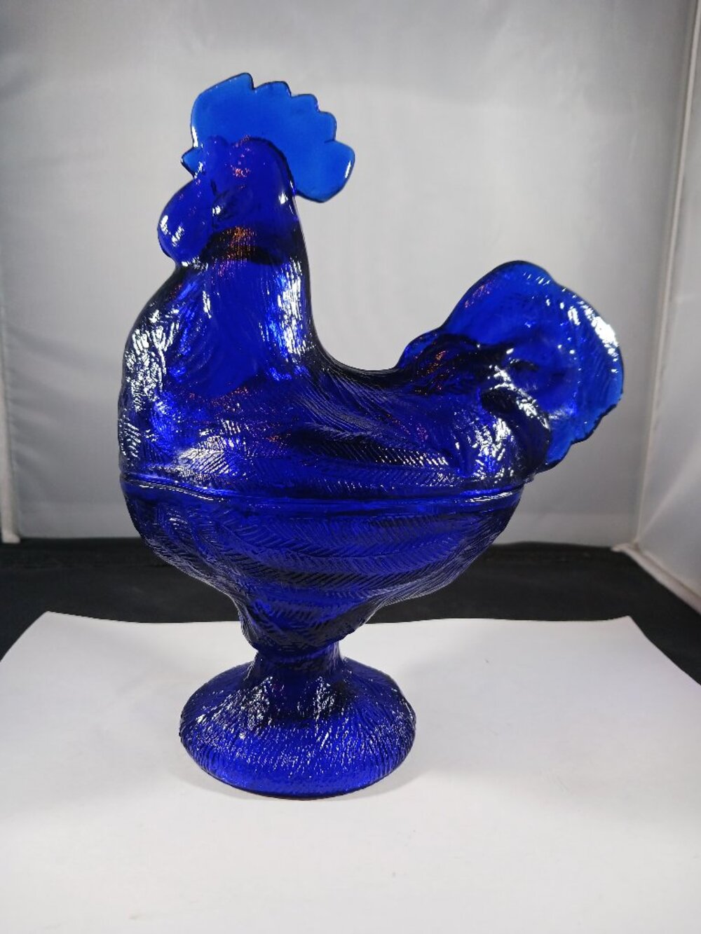 Cobalt Blue Depression Style Glass Rooster Chicken Candy Dish